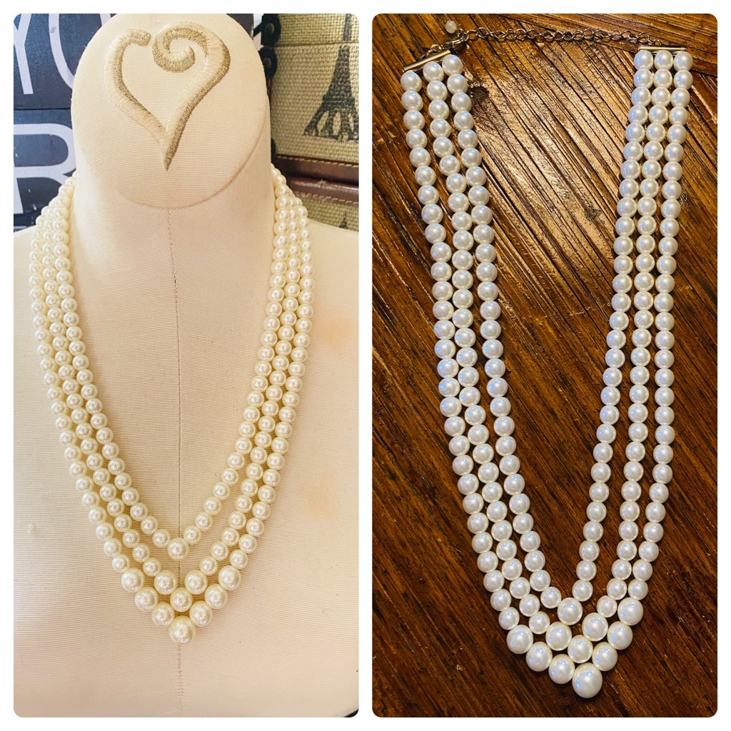 Nrq Triple V Pearl 3 Strand Necklace